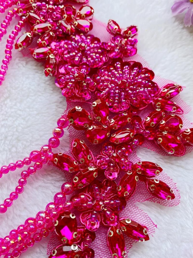wtbvn 1 Pair Beaded Rhinestones Applique Embellishment for Clothes Epaulettes Shoulder Patches Sew-on Diamond Sequin Tassels Applique for Wedding Dress DIY Accessories 9.8X10.2inches (Rose red) - Image 4